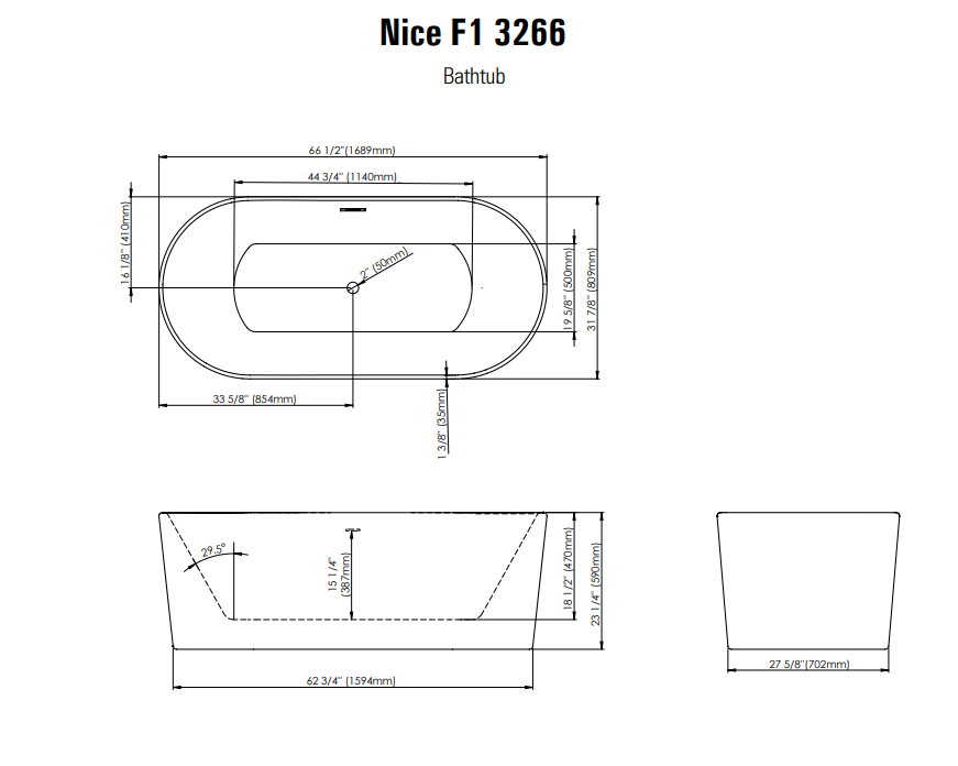 Nice F1 3266 AFR Acrylic Freestanding Center Drain Bathtub in White