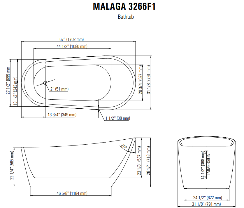 Malaga F1 3266 AFR Acrylic Freestanding End Drain Bathtub in White