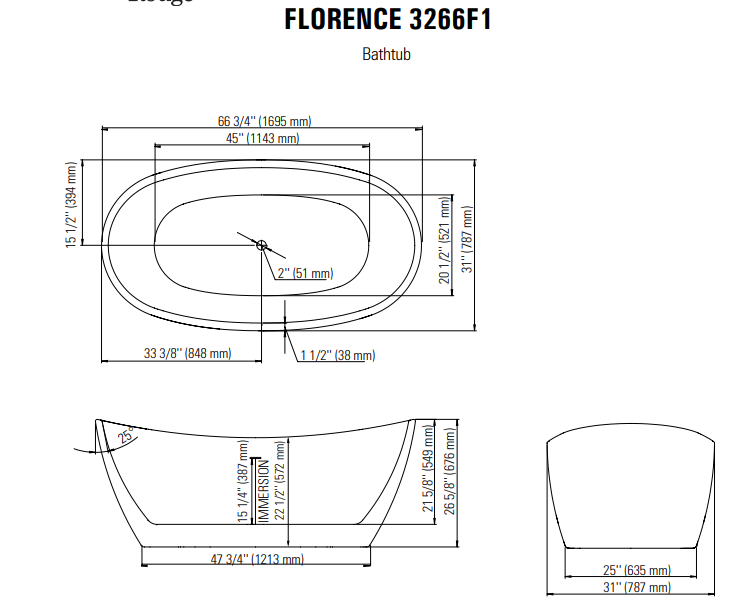 Florence F1 3266 AFR Acrylic Freestanding Center Drain Mass-Air Bathtub in White